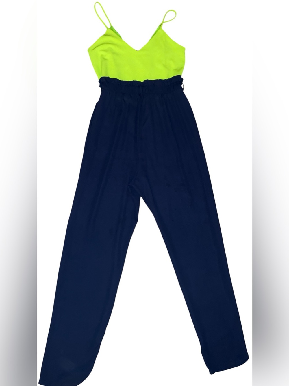 Neon Green Navy Jumpsuit Small Wide Leg Summer Vacation Statement Outfit